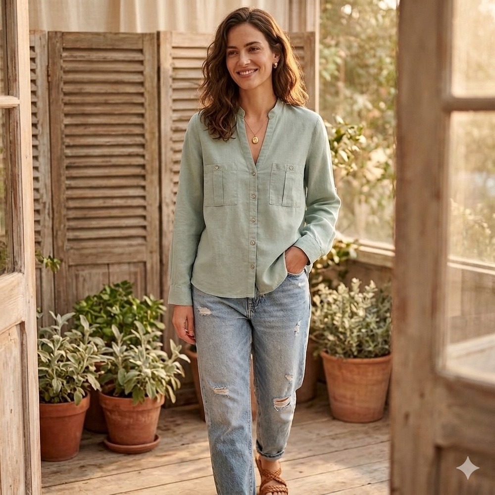 Zara Sage Green Linen Blend Roll Tab Sleeve Utility Button Down Shirt - Size XS